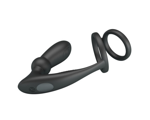 Черный анальный стимулятор простаты с вибрацией и эрекционными кольцами Emoni