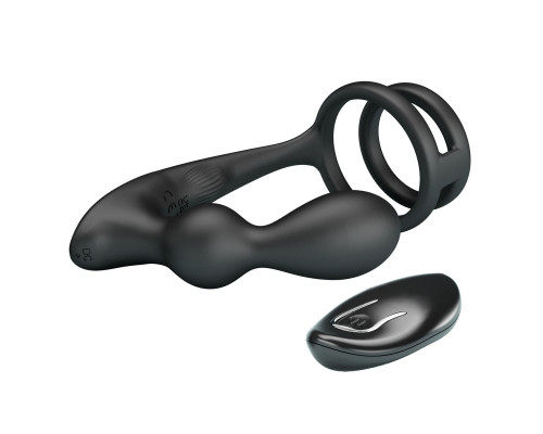 Черный вибростимулятор простаты с фиксацией кольцами