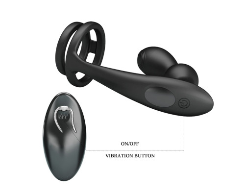 Черный вибростимулятор простаты с фиксацией кольцами