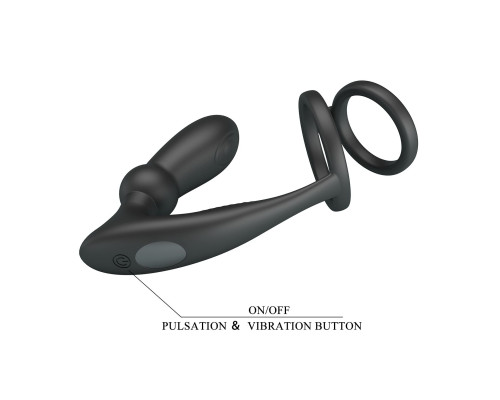 Черный анальный стимулятор простаты с вибрацией и эрекционными кольцами Emoni