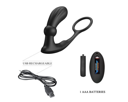 Черный вибростимулятор простаты Warren с эрекционным кольцом