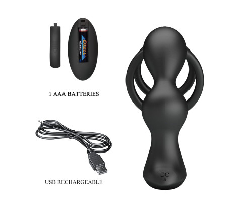 Черный вибростимулятор простаты с фиксацией кольцами