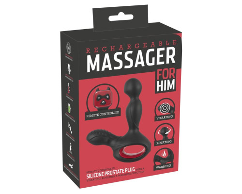 Черный вибромассажер простаты с нагревом и ротацией Prostate Plug - 14,5 см.