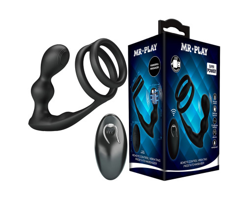 Черный вибростимулятор простаты с фиксацией кольцами