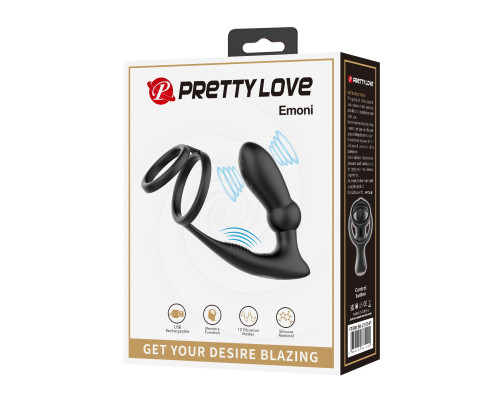Черный анальный стимулятор простаты с вибрацией и эрекционными кольцами Emoni