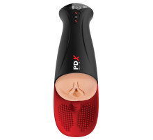 Телесный мастурбатор-вагина в черной колбе с вибрацией Fuck-O-Matic Pro XL