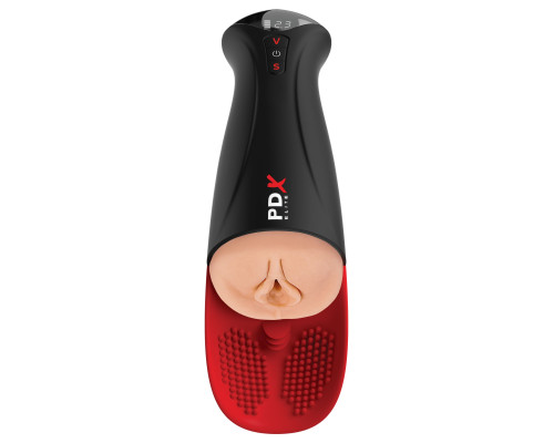 Телесный мастурбатор-вагина в черной колбе с вибрацией Fuck-O-Matic Pro XL