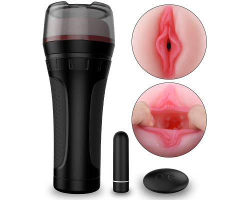 Черный мастурбатор-вагина с вибропулей и пультом ДУ