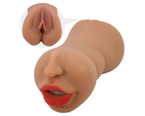 Темно-бежевый двусторонний мастурбатор Zoey - ротик и вагина