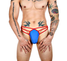 Синие сексуальные трусы-стринги на тонких красных бретелях