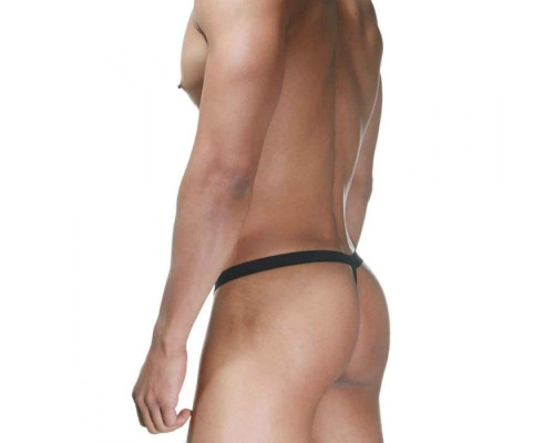 Красно-черные мужские стринги с серебристыми кольцами