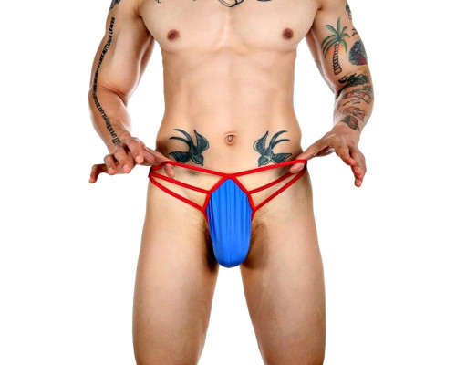 Синие сексуальные трусы-стринги на тонких красных бретелях