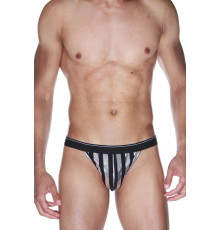 Черные мужские трусы-тонги в серебристую полоску