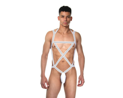 Белое мужское боди из широких резинок