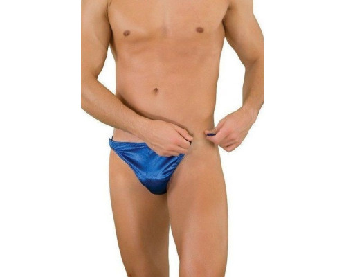 Синие трусы-тонги с застежкой сбоку и сатиновым блеском