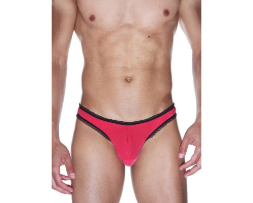 Красные мужские трусы-бразилиана с черной рюшевой отделкой