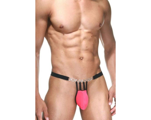 Розово-черные трусы-стринги с серебристыми кольцами