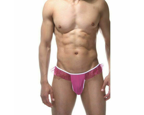 Мужские розовые трусы-тонги с оборками