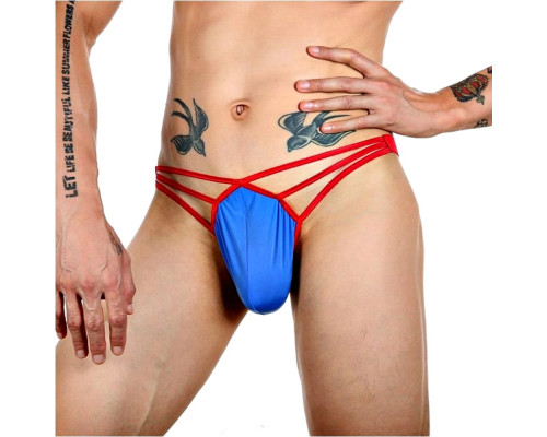 Синие сексуальные трусы-стринги на тонких красных бретелях