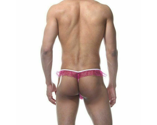 Мужские розовые трусы-тонги с оборками