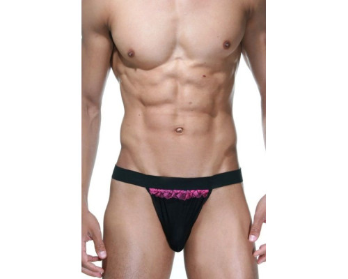 Черные трусы-танга с розовой рюшей