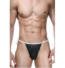 Мужские черно-белые кружевные трусы-танга на завязках
