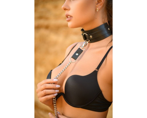 Черный кожаный ошейник с поводком