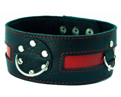 Чёрный кожаный ошейник с красной полосой и кольцами