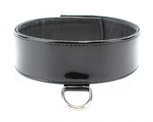 Черный лаковый ошейник на пряжке с мягким подкладом