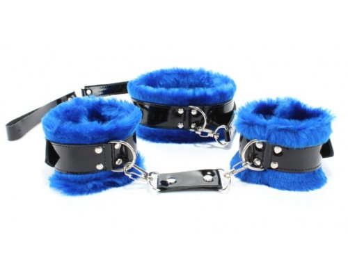 Набор из наручников и ошейника с синим мехом BDSM Light