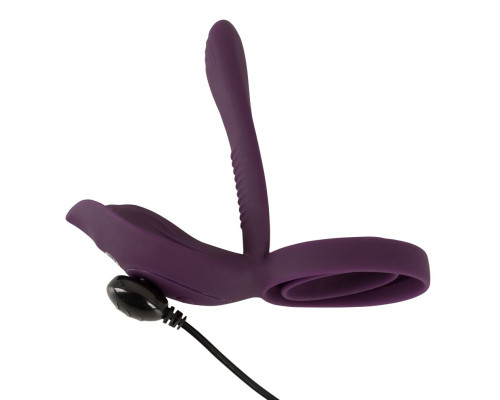 Фиолетовая насадка на член с клиторальным отростком и пультом ДУ RC Couple’s Vibrator 2