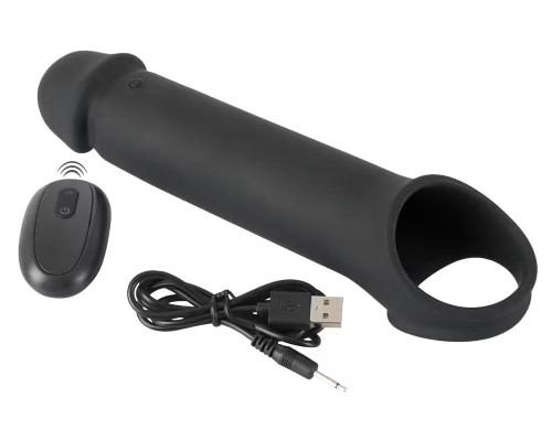 Черная вибронасадка для пениса с хомутом для мошонки и пультом ДУ Remote Controlled Penis Extension