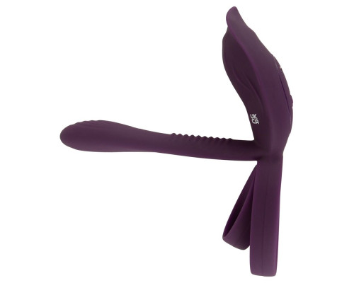 Фиолетовая насадка на член с клиторальным отростком и пультом ДУ RC Couple’s Vibrator 2