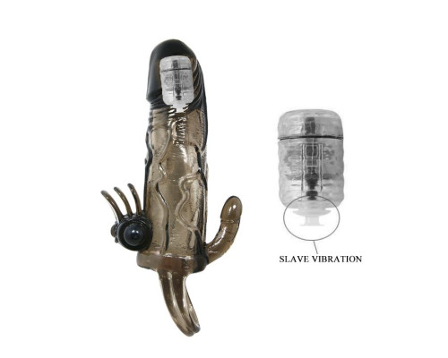 Дымчатая удлиняющая насадка с вибрацией и отростком для преданусного массажа