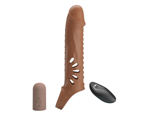 Коричневая вибронасадка с подхватом мошонки и пультом ДУ