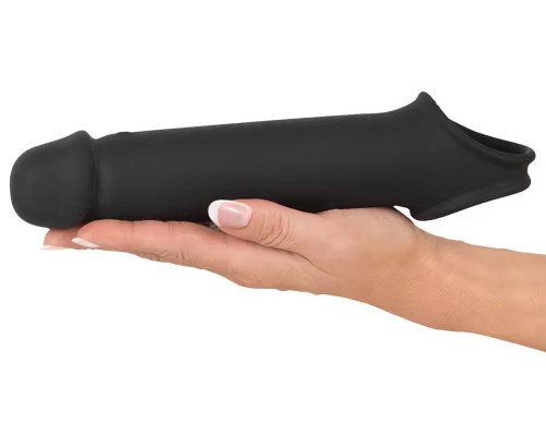 Черная вибронасадка для пениса с хомутом для мошонки и пультом ДУ Remote Controlled Penis Extension