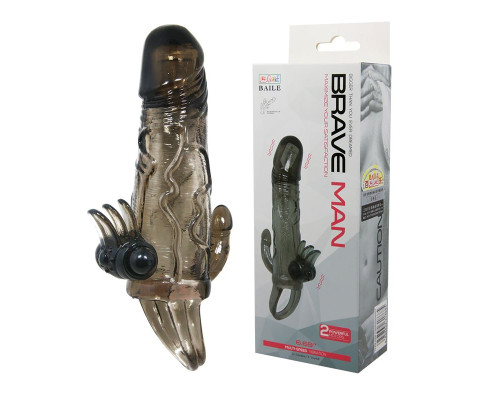 Дымчатая удлиняющая насадка с вибрацией и отростком для преданусного массажа