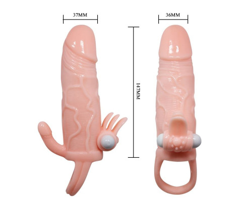 Удлиняющая насадка с вибрацией и маленьким отростком для массажа преданусной зоны