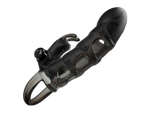 Черная закрытая насадка с подхватом мошонки и стимулятором клитора - 19,2 см.