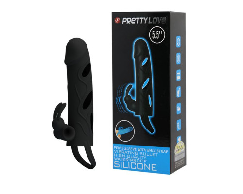 Чёрная насадка с клиторальным вибростимулятором и закрытой головкой - 14 см.