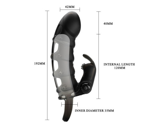 Черная закрытая насадка с подхватом мошонки и стимулятором клитора - 19,2 см.