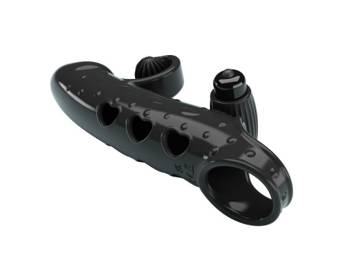 Черная вибронасадка на пенис с подхватом мошонки - 20 см.