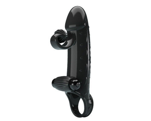 Черная вибронасадка на пенис с подхватом мошонки - 20 см.