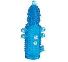 Голубая эластичная насадка на пенис с жемчужинами, точками и шипами Pearl Stimulator - 11,5 см.