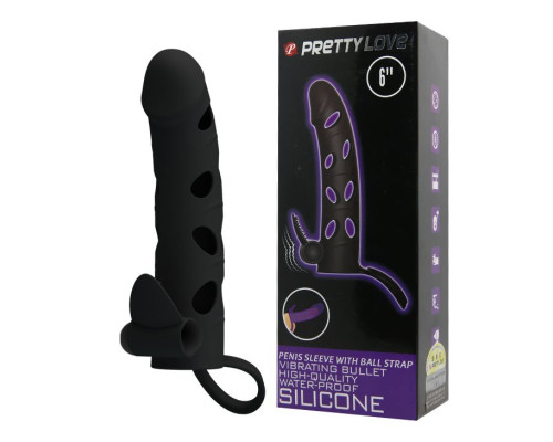 Чёрная закрытая насадка на пенис с вибрацией - 15,2 см.