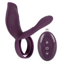 Фиолетовая насадка на член с клиторальным отростком и пультом ДУ RC Couple’s Vibrator 2