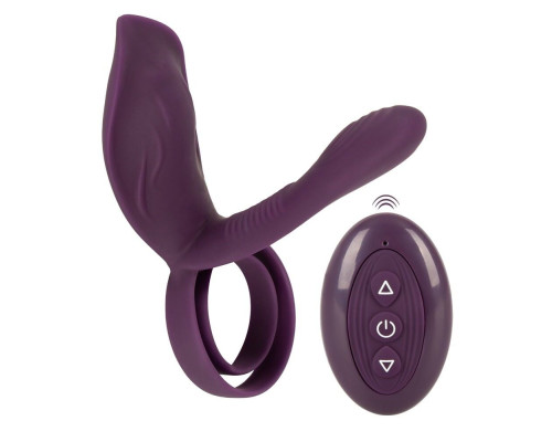 Фиолетовая насадка на член с клиторальным отростком и пультом ДУ RC Couple’s Vibrator 2