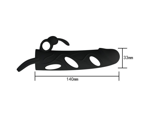 Чёрная насадка с клиторальным вибростимулятором и закрытой головкой - 14 см.