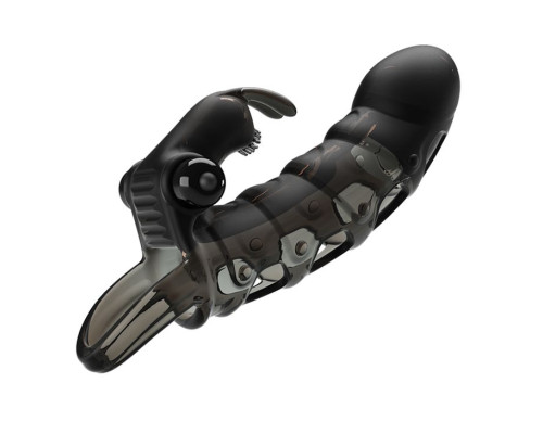 Черная закрытая насадка с подхватом мошонки и стимулятором клитора - 19,2 см.