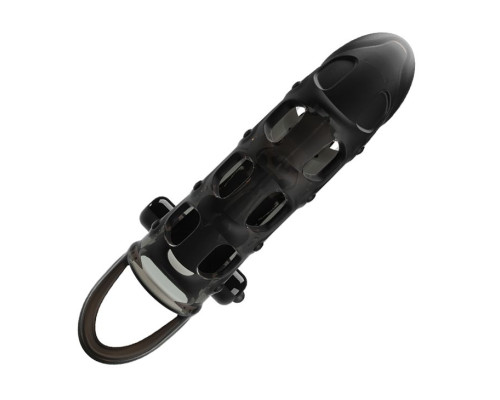 Черная закрытая насадка с подхватом мошонки и стимулятором клитора - 19,2 см.